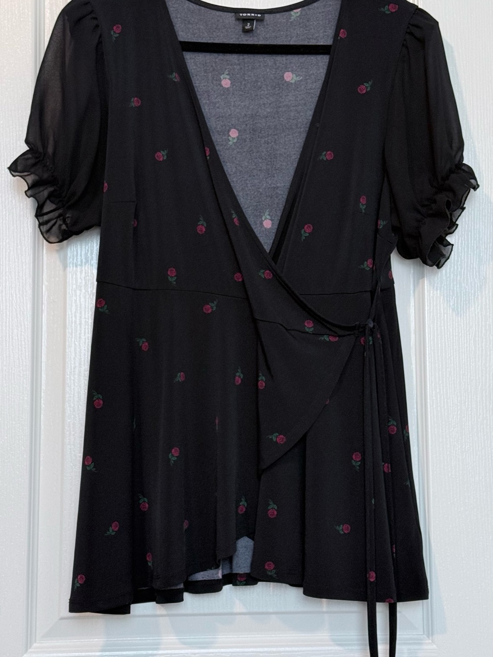 torrid Black Wrap Top with Pink Rose Print